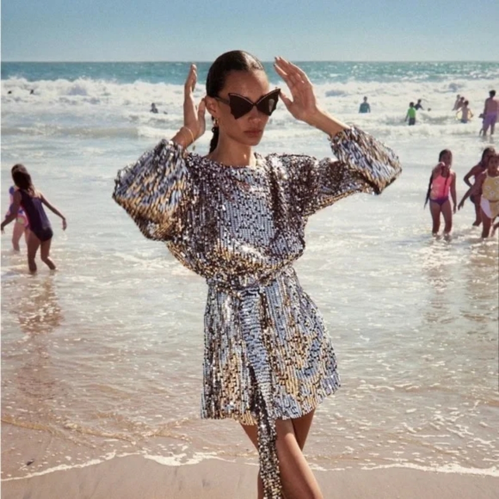 ZARA SEQUIN ELASTIC BELTED DRESS